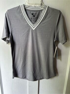 Lead Halo Women's Merino Wool Silver Gray V-Neck Shirt with Striped Collar